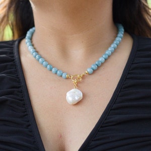 Colar de água-marinha, colar de contas, pingente de pérola, contas de água-marinha redondas de 8 mm, colar minimalista, joias com pedras preciosas para presente feminino