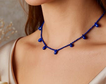 Lapis Lazuli Necklace: Beaded necklace, 2mm Dainty micro faceted tiny round, Gemstone minimalist Jewelry, gift for her