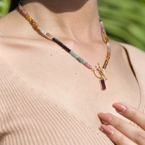 AAA multi tourmaline necklace, 14KT Gold Plating, Watermelon tourmaline necklace, Multi color tourmaline jewelry, Tourmaline Pendant, gift