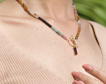 AAA multi tourmaline necklace, 14KT Gold Plating, Watermelon tourmaline necklace, Multi color tourmaline jewelry, Tourmaline Pendant, gift