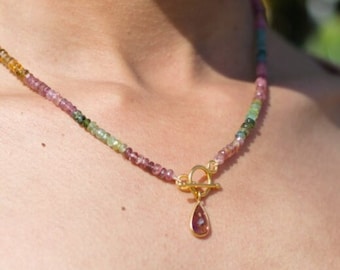 AAAA+ multi tourmaline necklace, 14KT Gold Plating, Watermelon tourmaline necklace,Multi color tourmaline jewelry, Women Jewelry, mom's gift