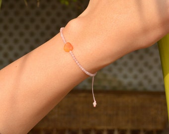 Rose quartz Bracelet, Beaded bracelet, Heart bracelet, 2mm Rose quartz Faceted tiny Beads, Carnelian heart, Minimalist Bracelet, for gift,