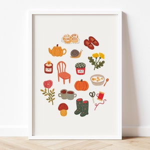 Impressão de arte - Dias de outono | Ilustração de outono, arte cottagecore, arte de parede hygge, impressão de arte de outono