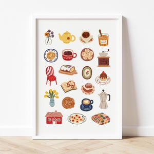 May include: A framed print with illustrations of homely items. It includes a yellow teapot, coffee cups, pastries, a red chair, and a house. The artwork is in a colourful style, evoking a sense of comfort and warmth, perfect for kitchen or dining room decor.