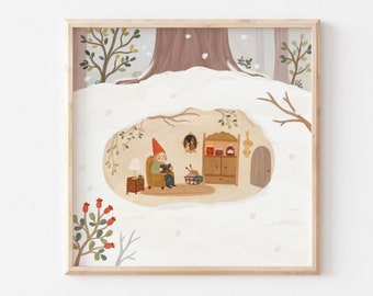 Gnome’s Cosy Burrow | Illustration carrée, Art d’hiver, Gravure murale