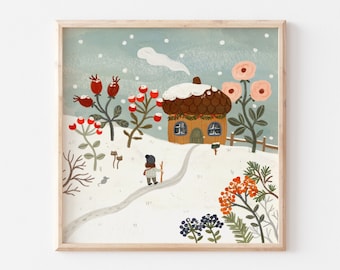 Stampa artistica - Casa delle ghiande innevate / Illustrazione quadrata, Arte Cottagecore, Arte della parete Hygge, Stampa artistica invernale