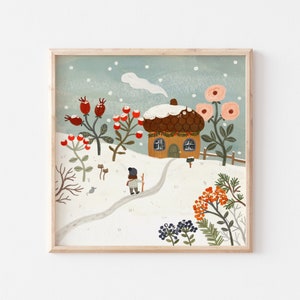 Kunstdruck - Schneebedecktes Eichel-Haus | Quadratische Illustration, Cottagecore Kunst, Hygge Wandkunst, Winter Kunst Druck