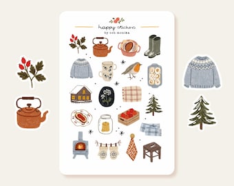 Invierno suave - pegatinas n.° 75 / cabaña acogedora, nieve, guantes, suéteres, diario, álbum de recortes