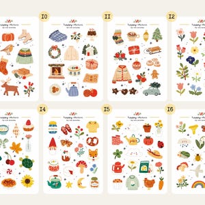 May include: A collection of sticker sheets with various illustrated designs. Each sheet features a different theme, including seasonal items like pumpkins, sweaters, and flowers. The text "happy stickers" is at the top of each sheet.