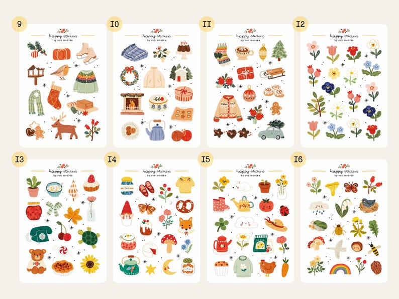 May include: A collection of sticker sheets with various illustrated designs. Each sheet features a different theme, including seasonal items like pumpkins, sweaters, and flowers. The text "happy stickers" is at the top of each sheet.