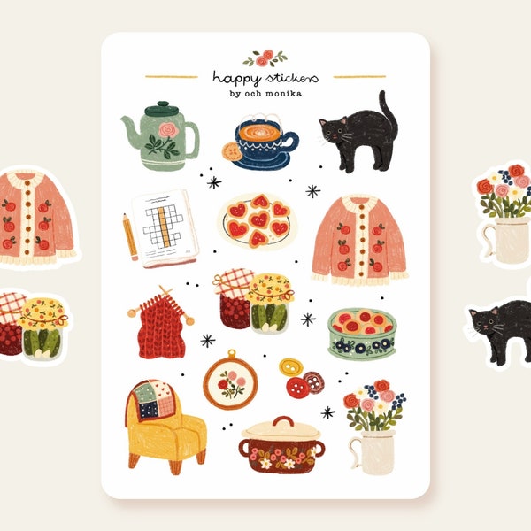 Granny Things - stickers #38 | jars, sweaters, cats, flowers, planner journal scrapbook