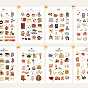 May include: A collection of eight sticker sheets featuring various hand-drawn illustrations. Each sheet is labeled with a number and the text "happy stickers". The illustrations include seasonal items like teacups, sweaters, books, and holiday-themed objects.