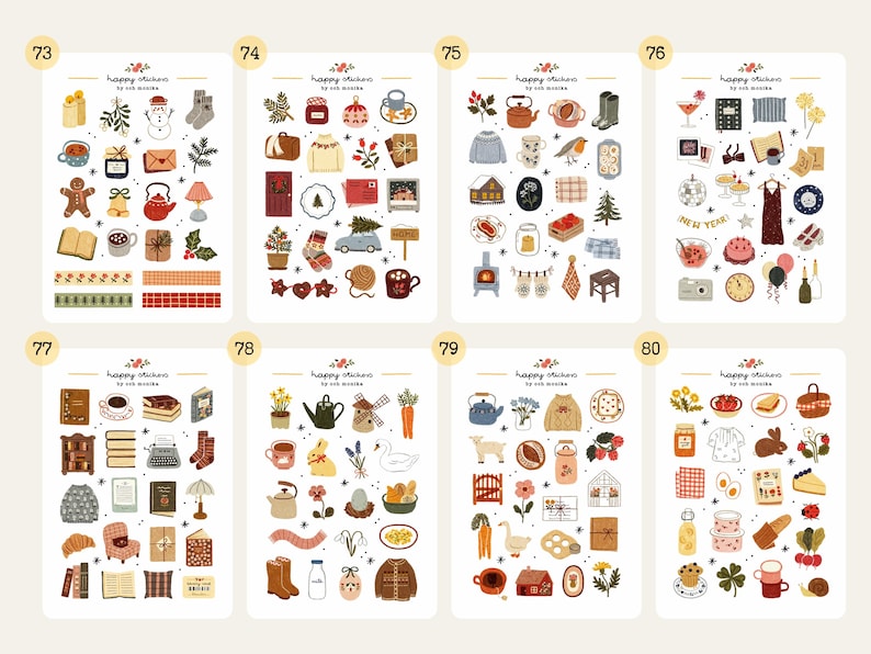 May include: A collection of eight sticker sheets featuring various hand-drawn illustrations. Each sheet is labeled with a number and the text "happy stickers". The illustrations include seasonal items like teacups, sweaters, books, and holiday-themed objects.
