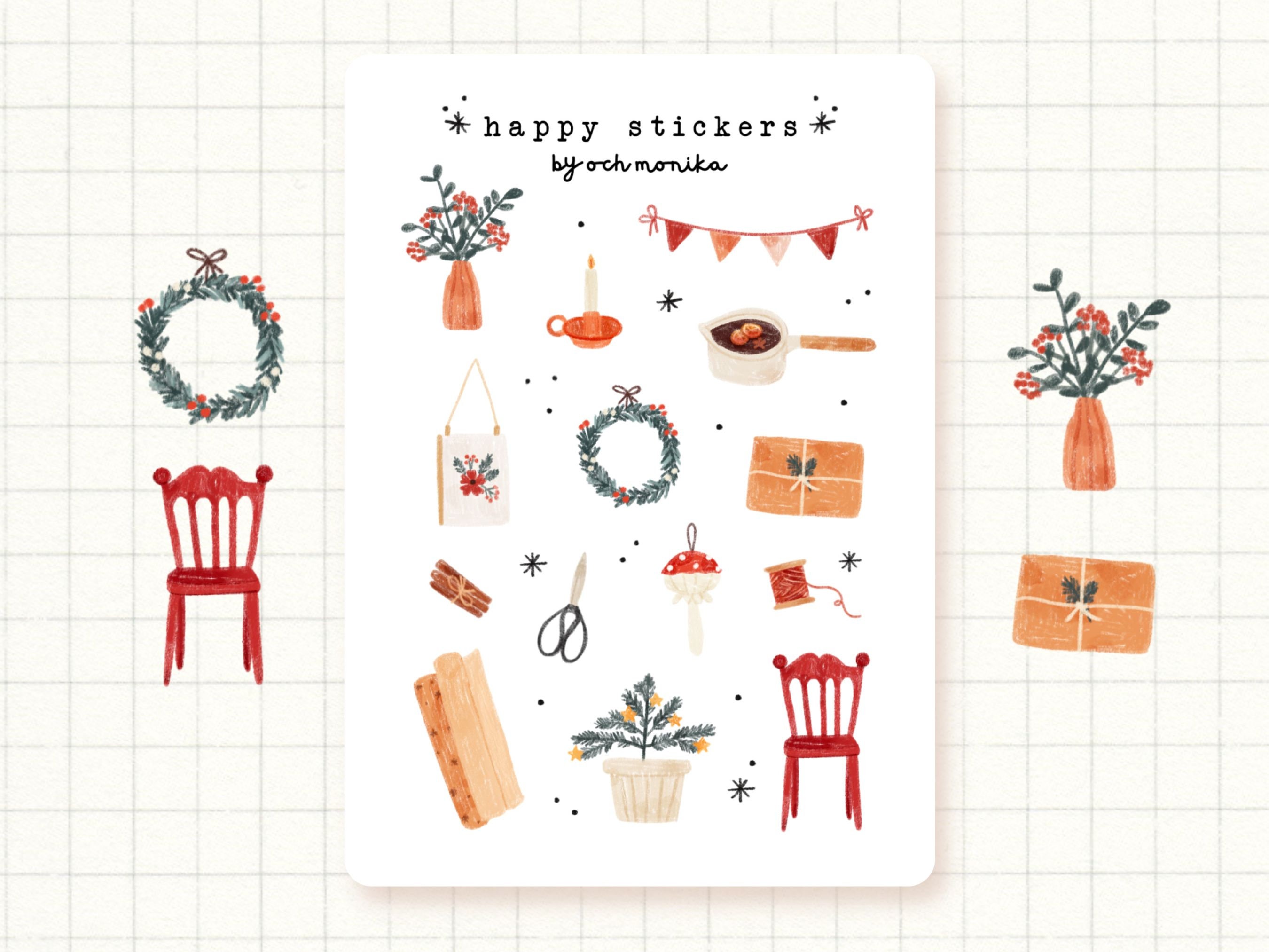 Cute Christmas Sticker Sheet, Christmas stickers, holiday stickers, xmas,  cozy winter, Christmas tree, Planner, Bullet Journal, Bujo