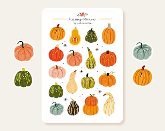 May include: A sheet of stickers featuring various illustrated pumpkins and gourds in shades of orange, green, brown, and blue. The stickers are labeled "Happy Stickers by ooh monika".