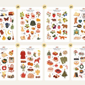 May include: A sheet of colorful stickers with various illustrations, including a witch's hat, a black cat, a teapot, and a butterfly. The text "happy stickers" is visible at the top. The stickers are numbered 25-32.