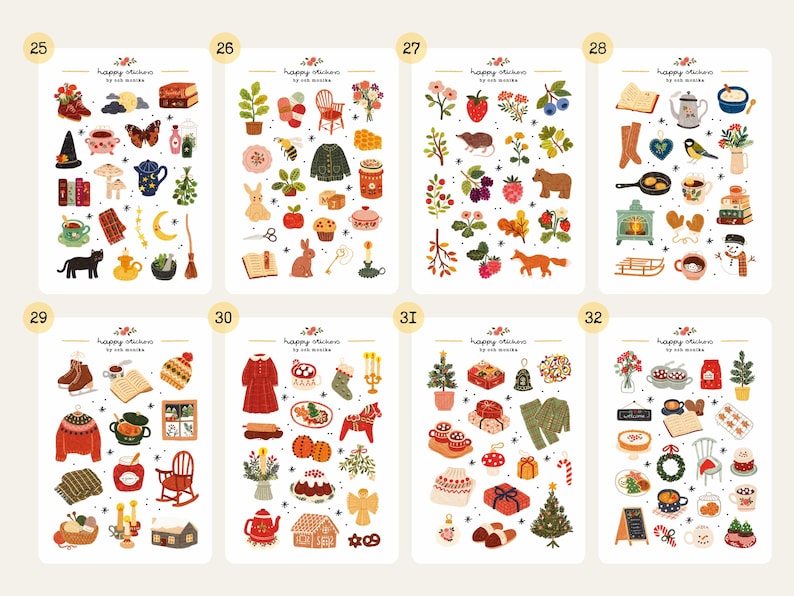 May include: A sheet of colorful stickers with various illustrations, including a witch's hat, a black cat, a teapot, and a butterfly. The text "happy stickers" is visible at the top. The stickers are numbered 25-32.