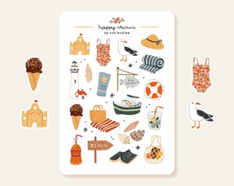 May include: A sheet of stickers with a summer beach theme. The stickers feature images of a sandcastle, ice cream cones, a lighthouse, a swimsuit, a seagull, a beach towel, a life preserver, a boat, a drink, seashells, a beach sign, a bottle of soda, and a beach bag.