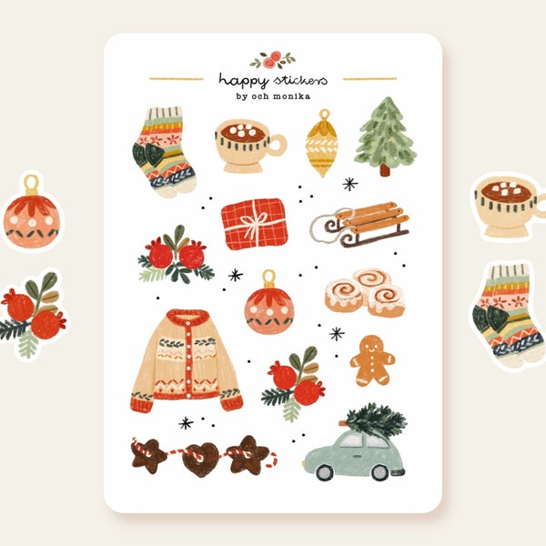 Cozy Christmas Sticker Sheet | Holiday Planner Stickers, Hygge Winter Stickers, Winter Journal Stickers