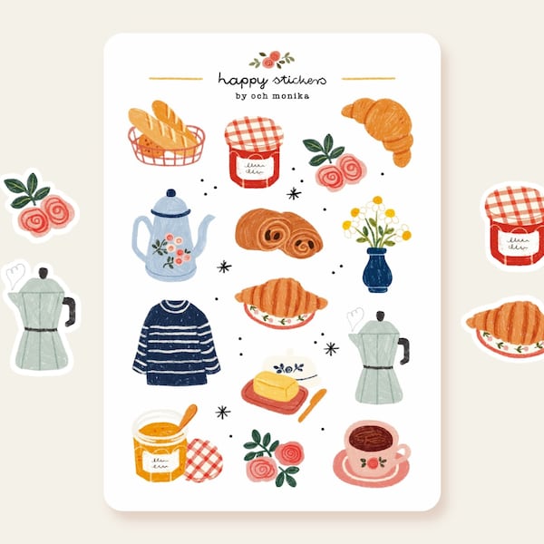 French Breakfast Sticker Sheet | cute stickers, planner stickers, bullet journal stickers, scrapbook stickers