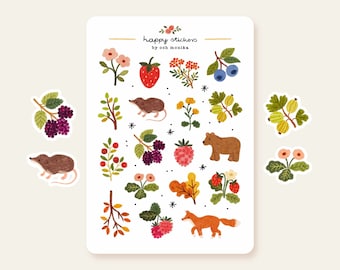 Berries - stickers #27 | forest friends, hand drawn animals, berries, woodland planner art