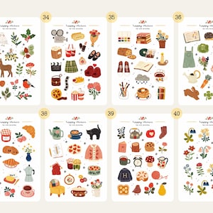 May include: A sheet of colorful stickers with various illustrations, including animals, food, and objects. The stickers feature a deer, squirrel, flowers, a film camera, popcorn, a teapot, a black cat, and more. The text "happy stickers by rob woods" is also present.