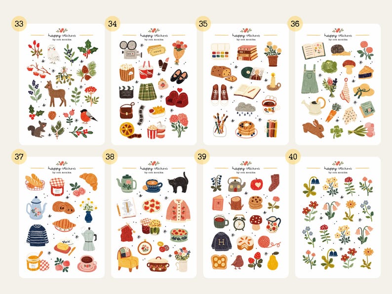 May include: A sheet of colorful stickers with various illustrations, including animals, food, and objects. The stickers feature a deer, squirrel, flowers, a film camera, popcorn, a teapot, a black cat, and more. The text "happy stickers by rob woods" is also present.