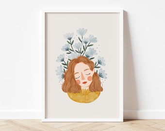 Illustration de femme, impression d'illustration, art de l'amour de soi, cadeau pour elle, amateur de fleurs, art femme, impression d'art mural