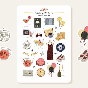 May include: A sheet of stickers with a New Year's Eve theme. The stickers include a disco ball, champagne glasses, a dress, balloons, a camera, and a clock. The text "happy stickers by och monika" is at the top.