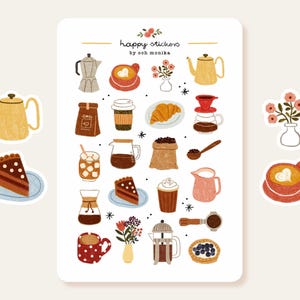 May include: A sheet of stickers featuring coffee-themed illustrations. Includes a coffee pot, coffee cup, coffee beans, a croissant, a slice of cake, and flowers. The text "happy stickers by och monika" is at the top.
