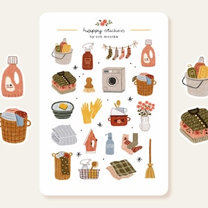Może przedstawiać: Arkusz naklejek z napisem happy stickers by och monika przedstawiający różne ilustracje o tematyce prania, w tym pralkę, kosze na pranie, butelki z detergentem, rękawice do sprzątania, miotłę oraz złożone ubrania.