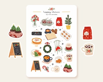 May include: A sheet of stickers featuring a variety of winter-themed illustrations, including a snowman, a Christmas tree, a cup of hot chocolate, a wreath, and a gingerbread house. The stickers are perfect for adding a festive touch to your planner, journal, or laptop.