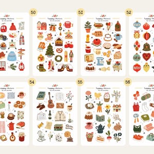 May include: A collection of sticker sheets with various illustrated designs. The sheets feature images of winter scenes, holiday decorations, food, musical instruments, and fitness equipment. Each sheet has the text "happy stickers by rob noodles".