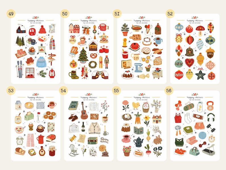May include: A collection of sticker sheets with various illustrated designs. The sheets feature images of winter scenes, holiday decorations, food, musical instruments, and fitness equipment. Each sheet has the text "happy stickers by rob noodles".