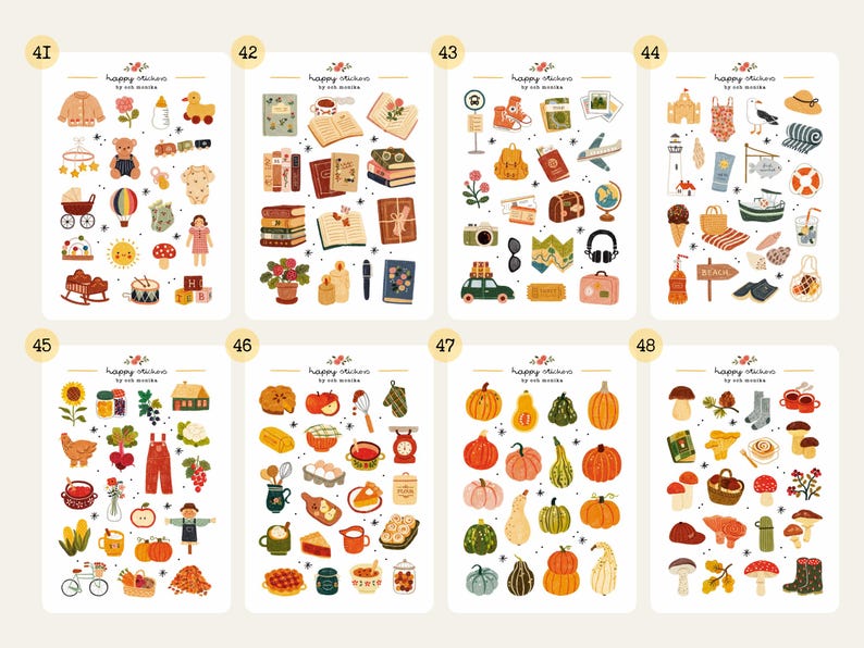May include: A collection of sticker sheets with various illustrated themes. Themes include baby items, books, travel, beach, fall harvest, and pumpkins. Each sheet has the text "happy stickers by rob weeks".