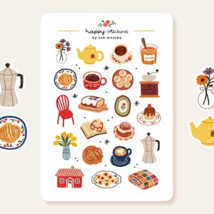May include: A sheet of stickers with a cozy theme, featuring illustrations of coffee, pastries, flowers, and a teapot. The stickers include a coffee maker, a red chair, and a house. The text "happy stickers by och monika" is at the top.