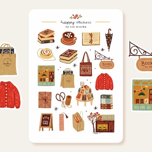 Może przedstawiać: Arkusz naklejek z napisem happy stickers by och monika zawierający ilustracje książek, kubka kakao, cynamonki, czerwonego kardiganu, szyldu księgarni, witryny sklepowej, torby na zakupy, stojaka ekspozycyjnego, nożyczek oraz brązowej papierowej torby.