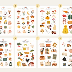 May include: A collection of eight sticker sheets with various illustrated designs. Each sheet features a different theme, including food, plants, and seasonal items. The text "happy stickers" is displayed at the top of each sheet.