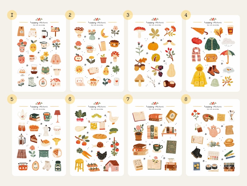 May include: A collection of eight sticker sheets with various illustrated designs. Each sheet features a different theme, including food, plants, and seasonal items. The text "happy stickers" is displayed at the top of each sheet.