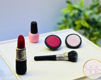 Adornos comestibles para tartas de maquillaje, pintalabios, esmaltes de uñas y pinceles.