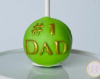 Father’s Day Cake Pops – #1 Dad Fondant decorated Cake Pops – Gold Lettering – Chocolate Covered Treats – Dad Gift – Set of 4