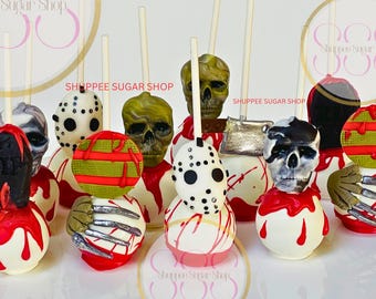 Halloween Nightmare Cake Pops | Slasher Horror Movie Fan | Blood Dripping and Splatter, Killer Birthday Party Favors, Spooky Dessert Table