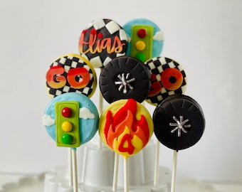 Personalized Race Car Oreo CookiePops, Name & Age, Chocolate Covered Treats, 2 Fast 2 Curious Birthday Party Favors