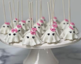 Ghost Cake Pops | Cute Halloween Treats | Pink Bow Cake Pops | Spooky Cute Party Favors | Boo Basket Gift | Halloween Birthday