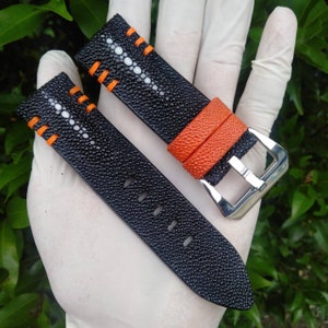 Stingray watch strap Double Diamond Black with orange accent handmade