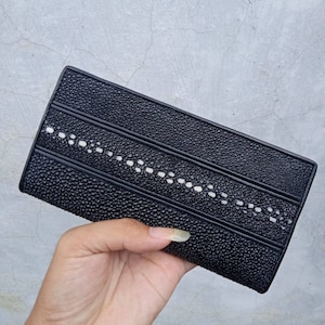 Cartera larga tipo raya tipo fila / Cartera de cuero / Cartera negra / Cartera europea / Regalo para él / Regalo para el padre