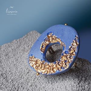 Blue porcelain ring with gold luster Adjustable UNIQUE piece