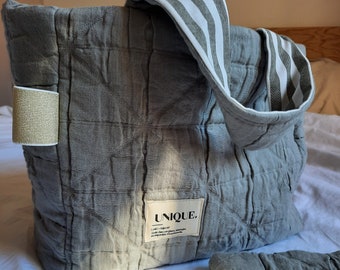 Sac porté mains - Sac à mains - Sac cabas gris effet matelassé -  Doublure intérieure rayée - Pratique et tendance