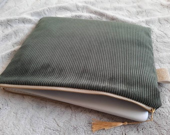 Housse d'ordinateur zippée PC MacBook IPad Surface - Pochette  - Velours - Vert kaki - Doublure intérieure matelassée. 10 à 17 pouces