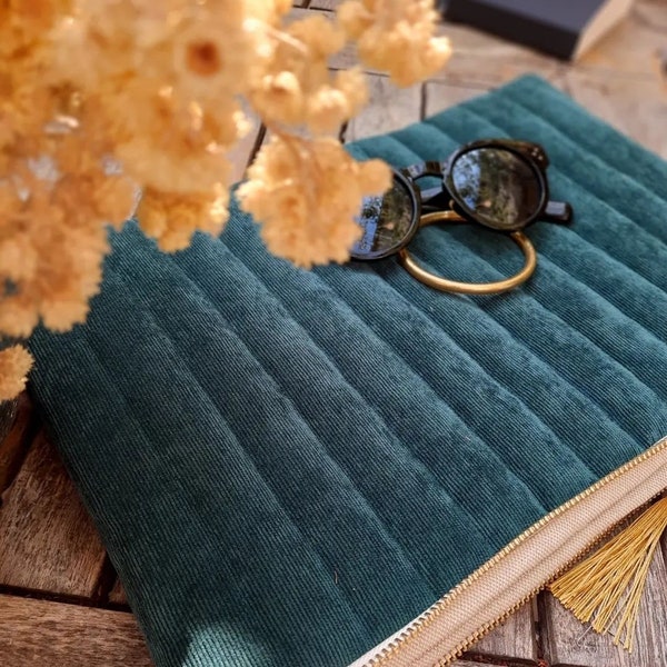 Housse d'ordinateur zippée PC MacBook IPad Surface - Pochette - Velours molletonné - Vert - Résistante doublure au choix. 10 à 17 pouces